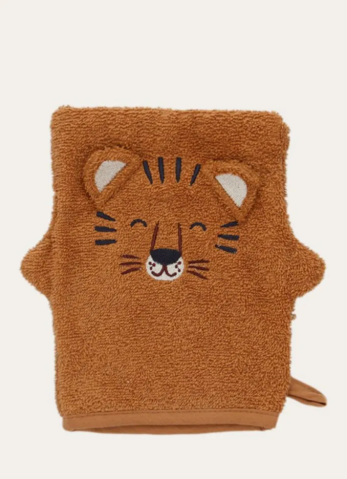 CAPE DE BAIN ET GANT DE TOILETTE EN ÉPONGE TIGRE OCRE