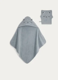 CAPE DE BAIN ET GANT DE TOILETTE EN ÉPONGE CHATON BLEU