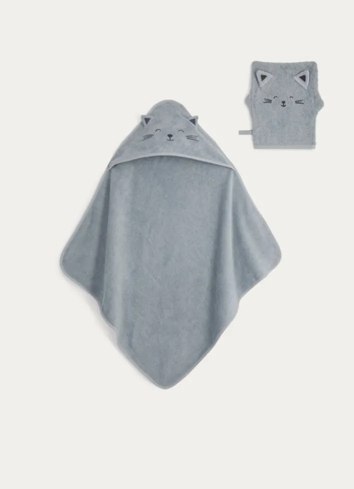 CAPE DE BAIN ET GANT DE TOILETTE EN ÉPONGE CHATON BLEU