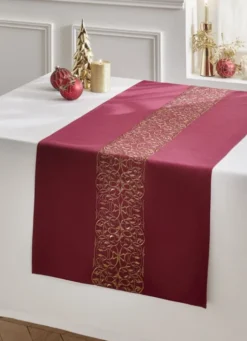 CHEMIN DE TABLE EN SATIN AVEC BRODERIE DORÉE ROUGE BORDEAUX