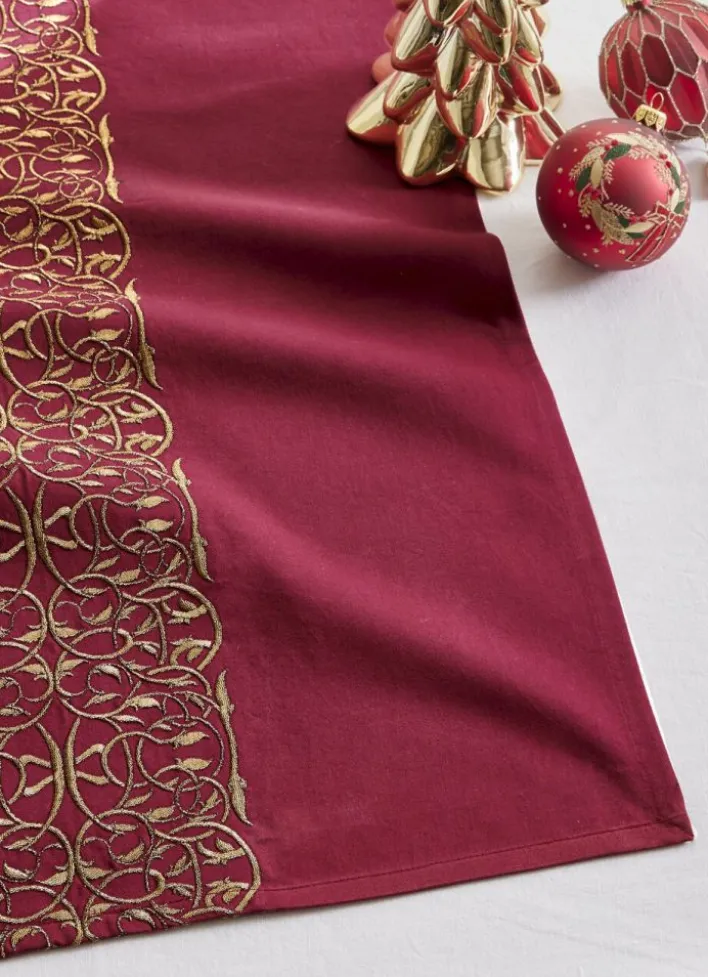 CHEMIN DE TABLE EN SATIN AVEC BRODERIE DORÉE ROUGE BORDEAUX