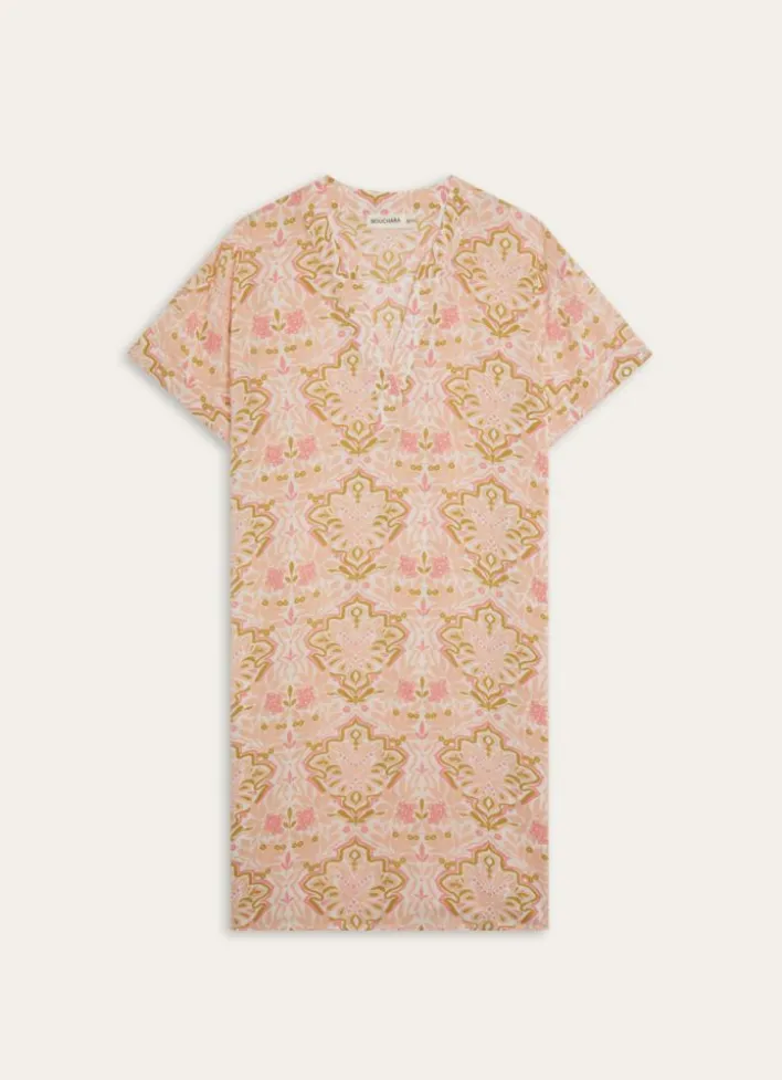 CHEMISE DE NUIT COL V IMPRIMÉ FLORAL INDIEN ROSE