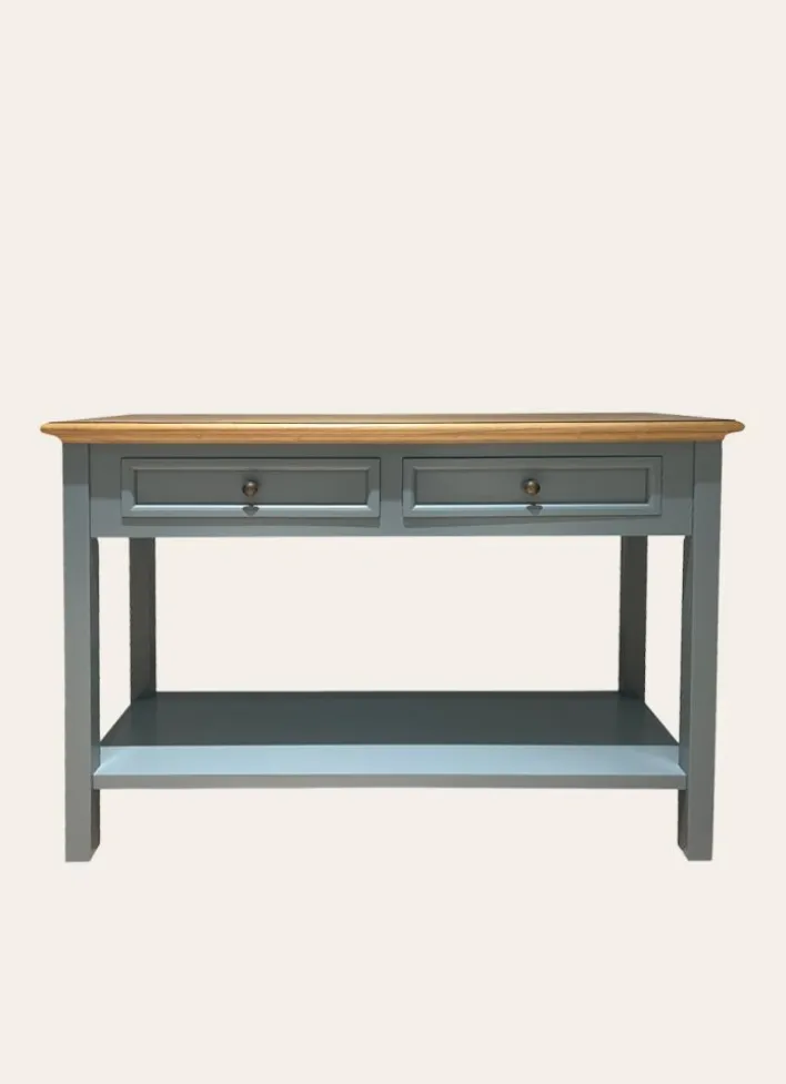 CONSOLE AVEC 2 TIROIRS ET 1 ÉTAGÈRE BOIS NATUREL/VERT