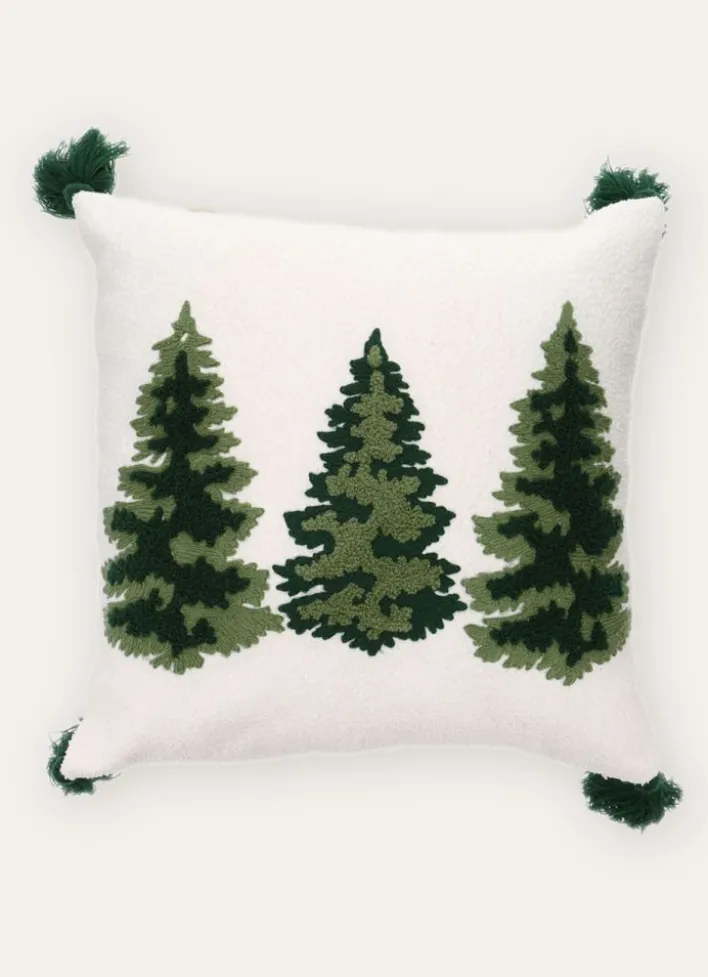 COUSSIN BRODÉ MOTIFS SAPINS AVEC POMPONS MULTICOLORE