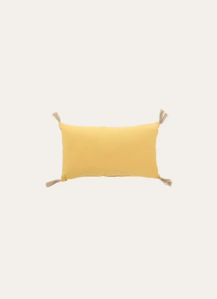 COUSSIN EN COTON UNI AVEC POMPONS EN JUTE JAUNE MIMOSA