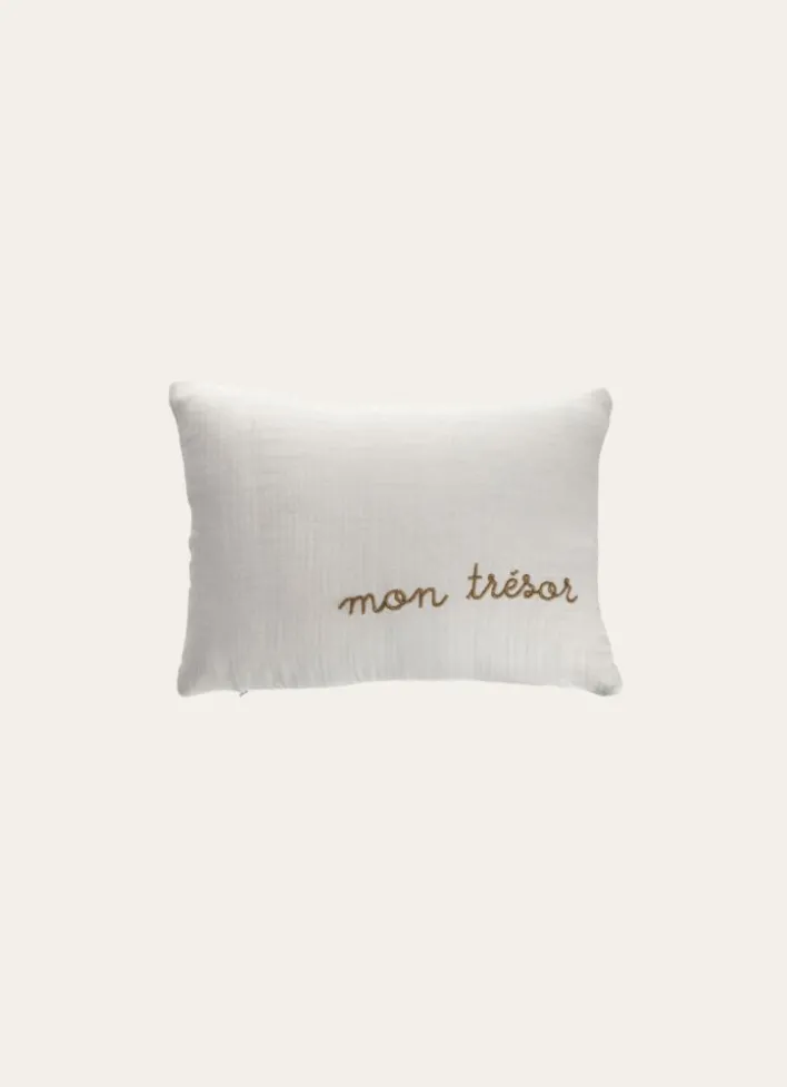 COUSSIN EN GAZE DE COTON BRODERIE FIL DORÉ BLANC