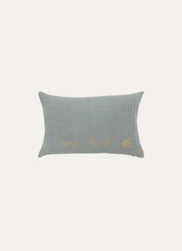 COUSSIN EN GAZE DE COTON BRODERIE FIL DORÉ MOUSSE