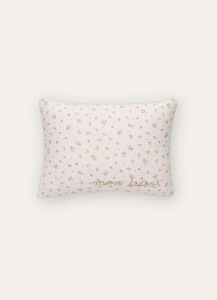 COUSSIN EN GAZE DE COTON FLEURS ET BRODERIE ÉCRU