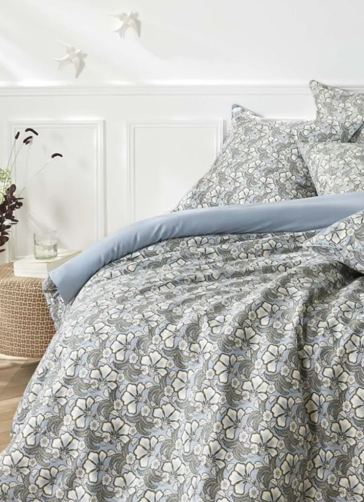 DRAP PLAT EN SATIN IMPRIMÉ FLORAL SOLENE BLEU