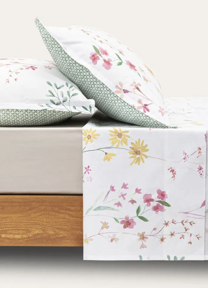 DRAP PLAT FLAVIE EN PERCALE LAVÉE IMPRIMÉE FLORALE MULTICOLORE