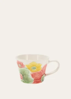 GRANDE TASSE EN GRÈS EMBOSSÉE FLEURIE PEINTE MAIN MULTICOLORE