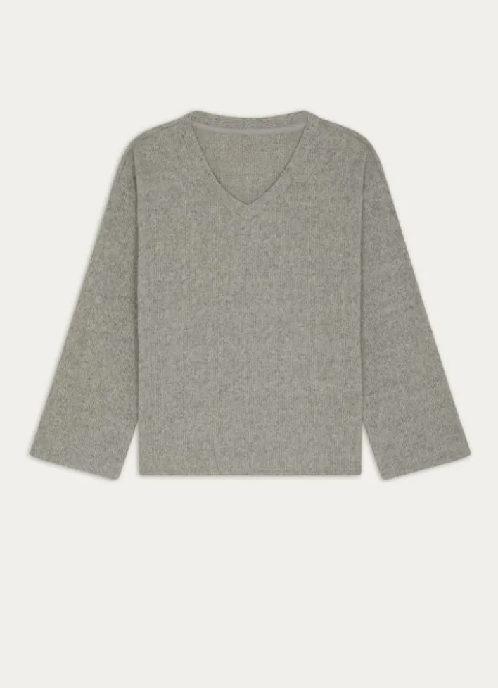 HAUT MANCHES LONGUES COL V EN MAILLE GRIS