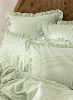 HOUSSE DE COUETTE IMPRIMÉ PIED-DE-POULE À VOLANTS VERT CLAIR