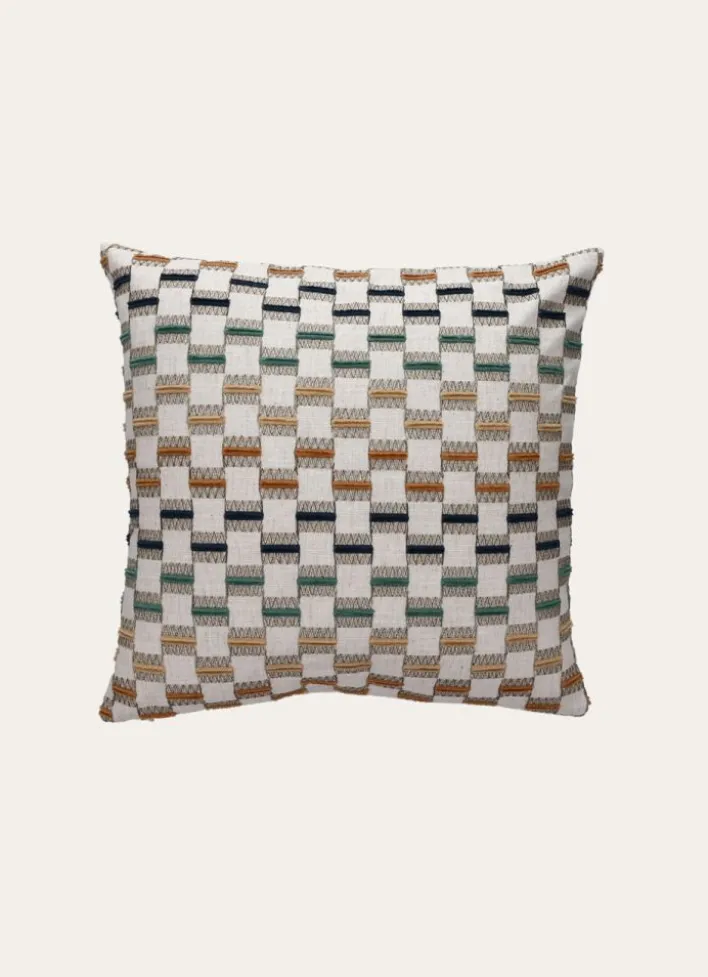HOUSSE DE COUSSIN MOTIF DAMIER ET BRODERIES MULTICOLORE