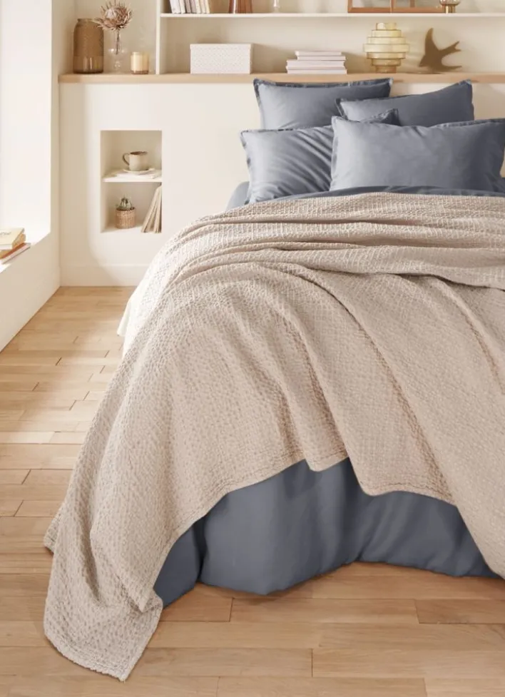 JETÉ DE LIT EN COTON LAVÉ NID D'ABEILLESABLE