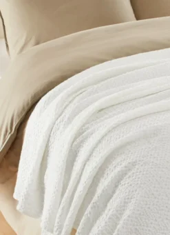 JETÉ DE LIT EN COTON LAVÉ NID D'ABEILLEBLANC