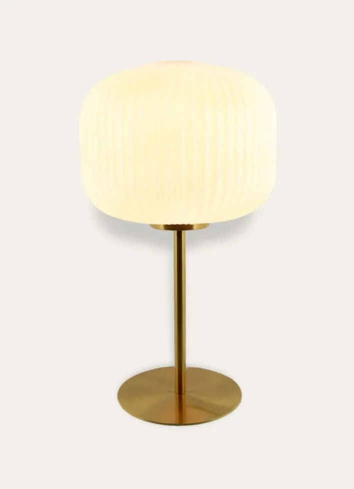 LAMPE À POSER EN VERRE STRIÉ ET MÉTAL DORÉ DORÉ / BLANC