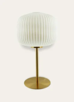 LAMPE À POSER EN VERRE STRIÉ ET MÉTAL DORÉ DORÉ / BLANC
