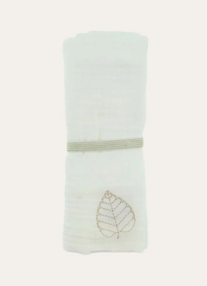 LANGE UNI EN GAZE DE COTON BRODERIE FEUILLE LAIT