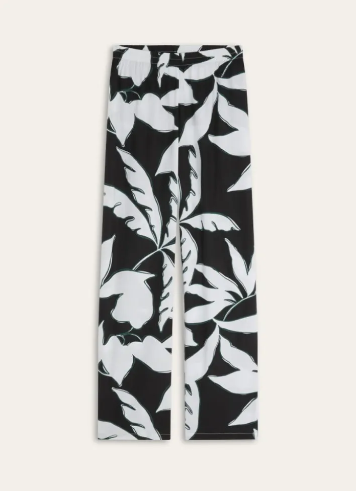 PANTALON DROIT ÉLASTIQUÉ EN COTON IMPRIMÉ FEUILLE Noir