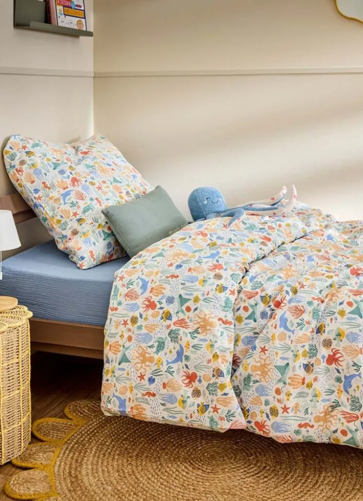 PARURE DE LIT AQUATIQUE EN PERCALE DE COTON MULTICOLORE