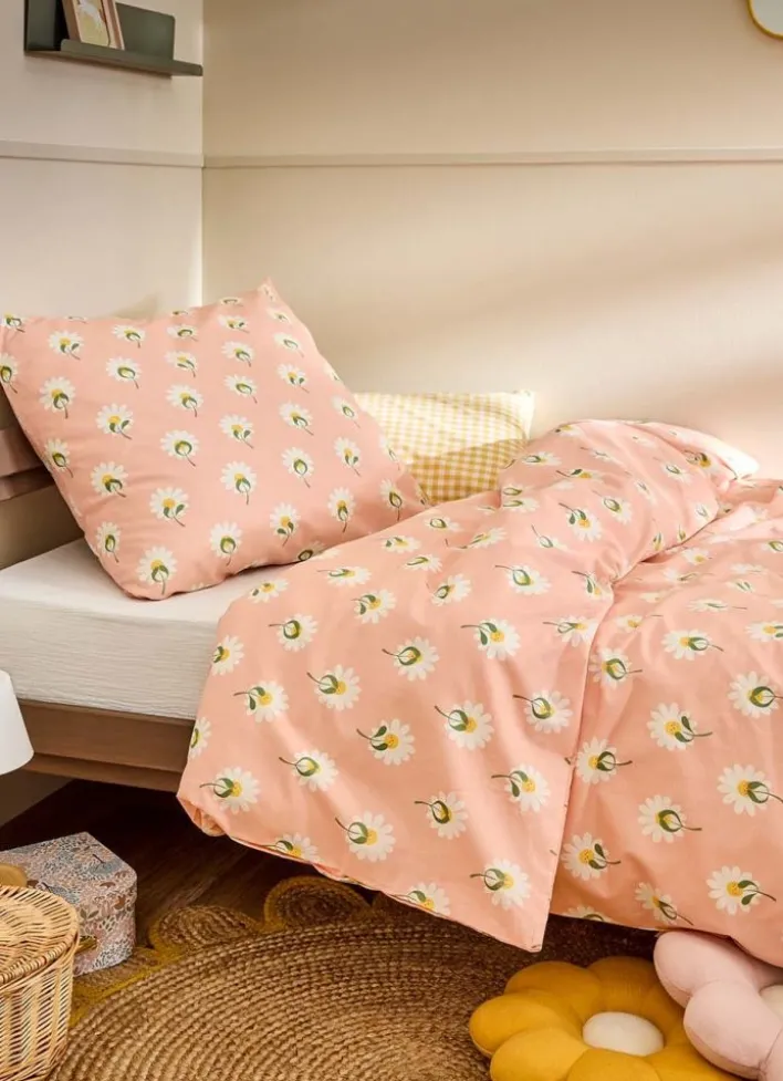 PARURE DE LIT ENFANT COTON IMPRIMÉ MARGUERITES ROSE