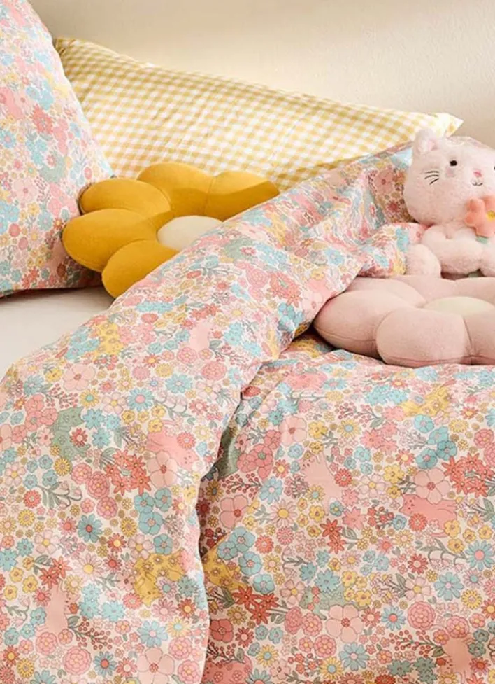 PARURE DE LIT MOTIF FLEURS ET CHATONS MULTICOLORE