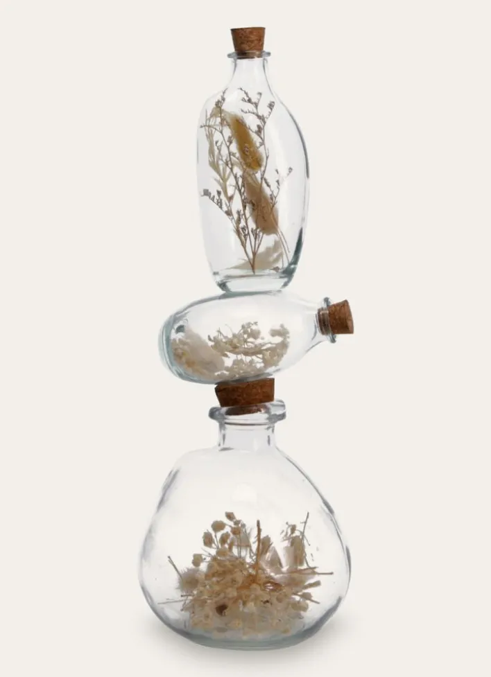 PETITE BOUTEILLE EN VERRE AVEC FLEURS SÉCHÉES TRANSPARENT