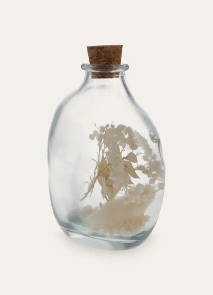 PETITE BOUTEILLE EN VERRE AVEC FLEURS SÉCHÉES TRANSPARENT