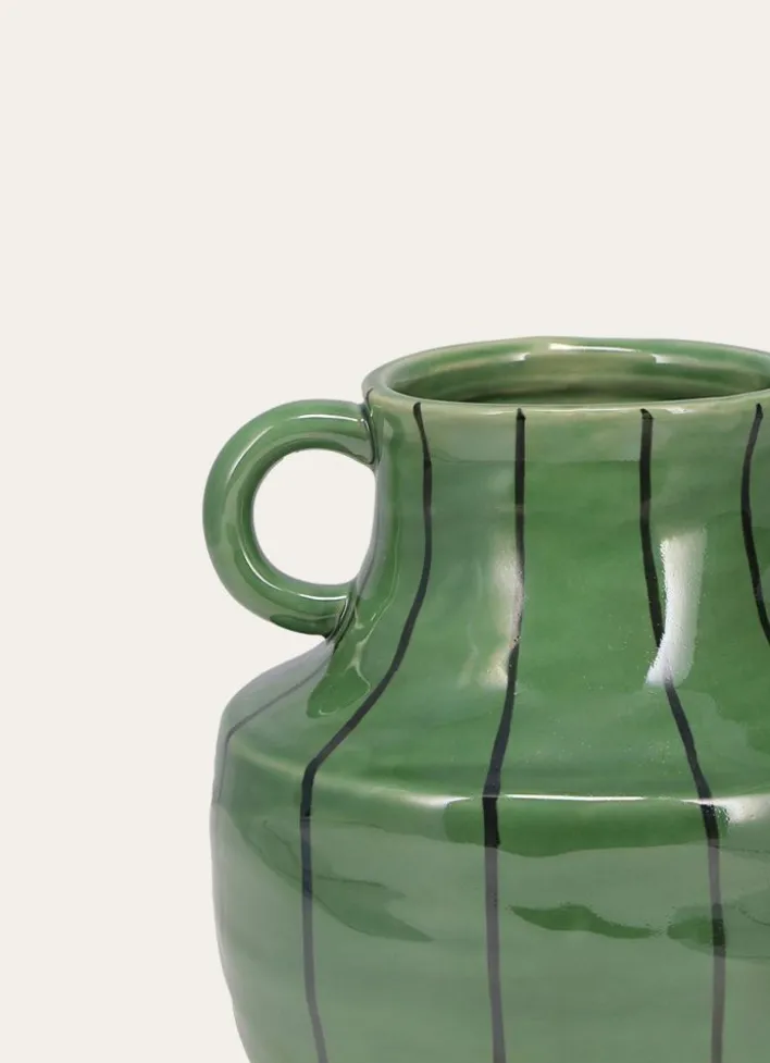 PETIT VASE EN GRÈS À ANSE RAYÉ VERT FONCE