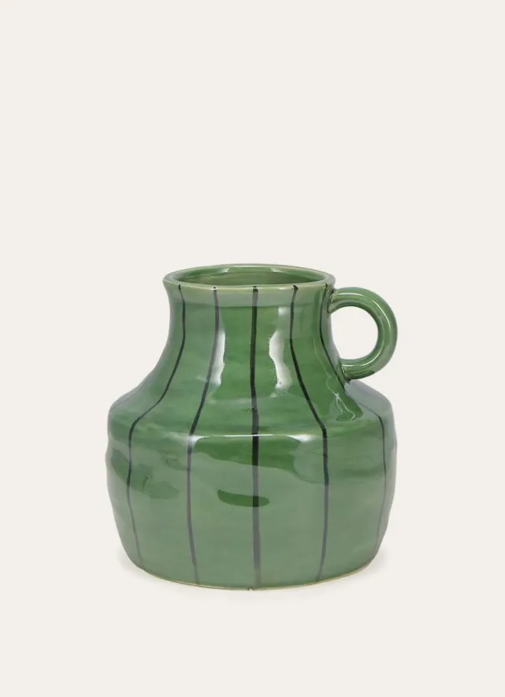 PETIT VASE EN GRÈS À ANSE RAYÉ VERT FONCE