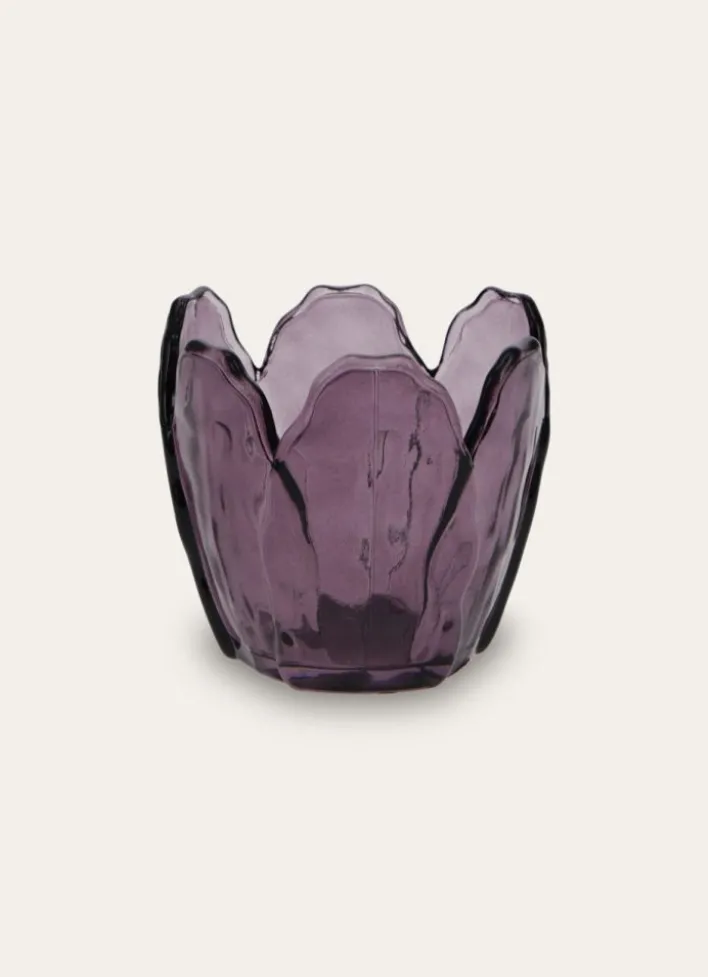 PHOTOPHORE EN VERRE COLORÉ FORME PÉTALES DE FLEUR PRUNE
