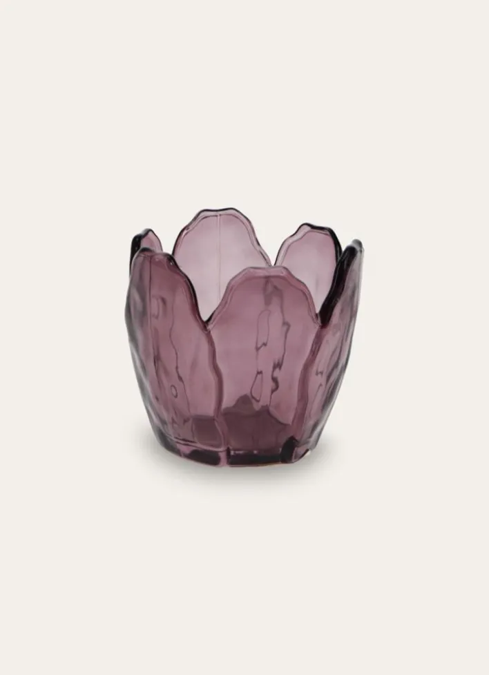 PHOTOPHORE EN VERRE COLORÉ FORME PÉTALES DE FLEUR PRUNE