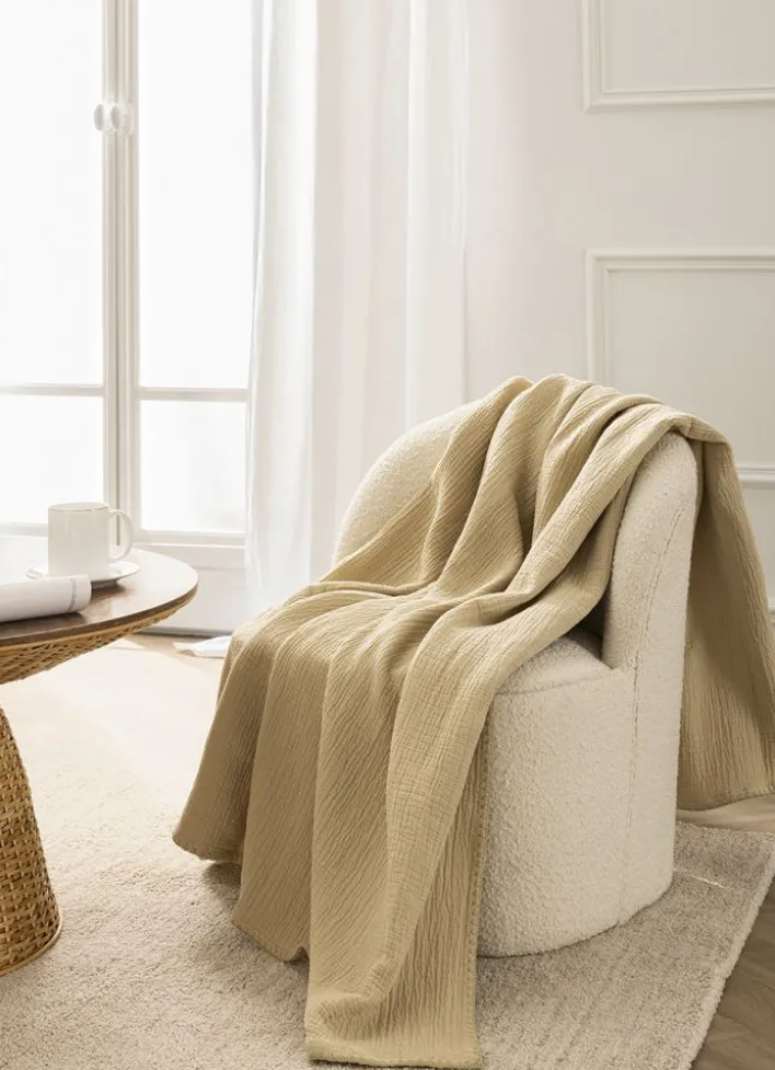 PLAID EN TRIPLE GAZE DE COTON LAVÉ GREGE