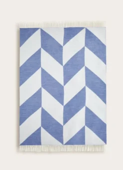 PLAID À FRANGES TISSÉ TEINT MOTIF GÉOMÉTRIQUE BLEU