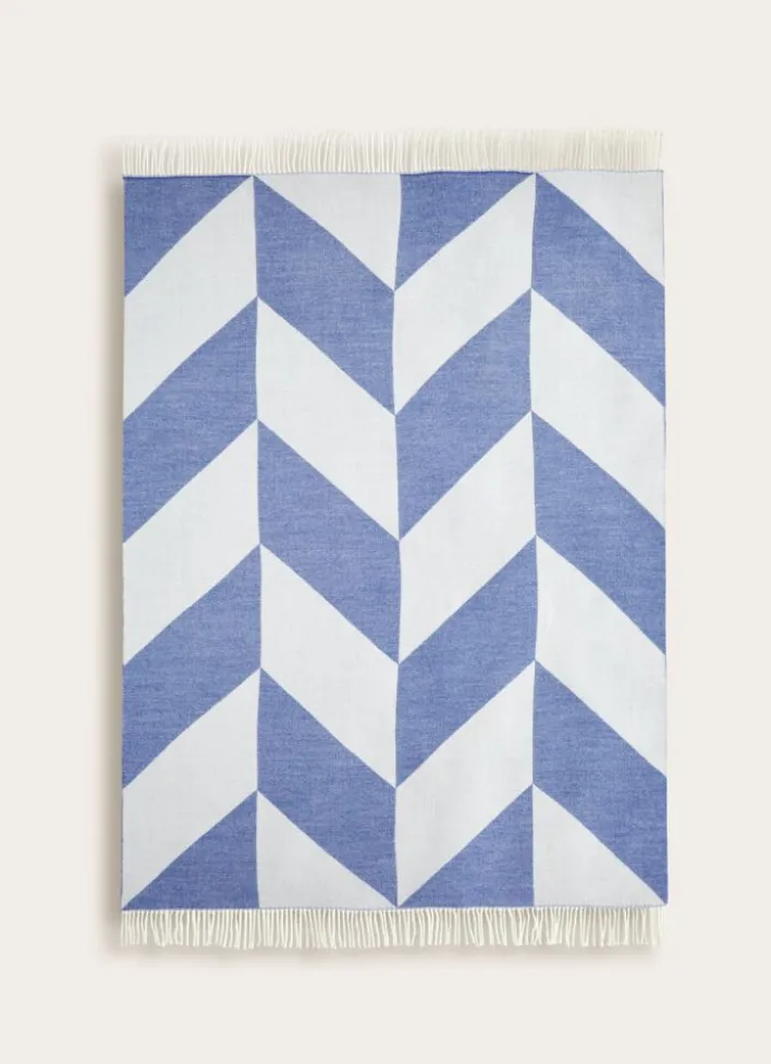 PLAID À FRANGES TISSÉ TEINT MOTIF GÉOMÉTRIQUE BLEU