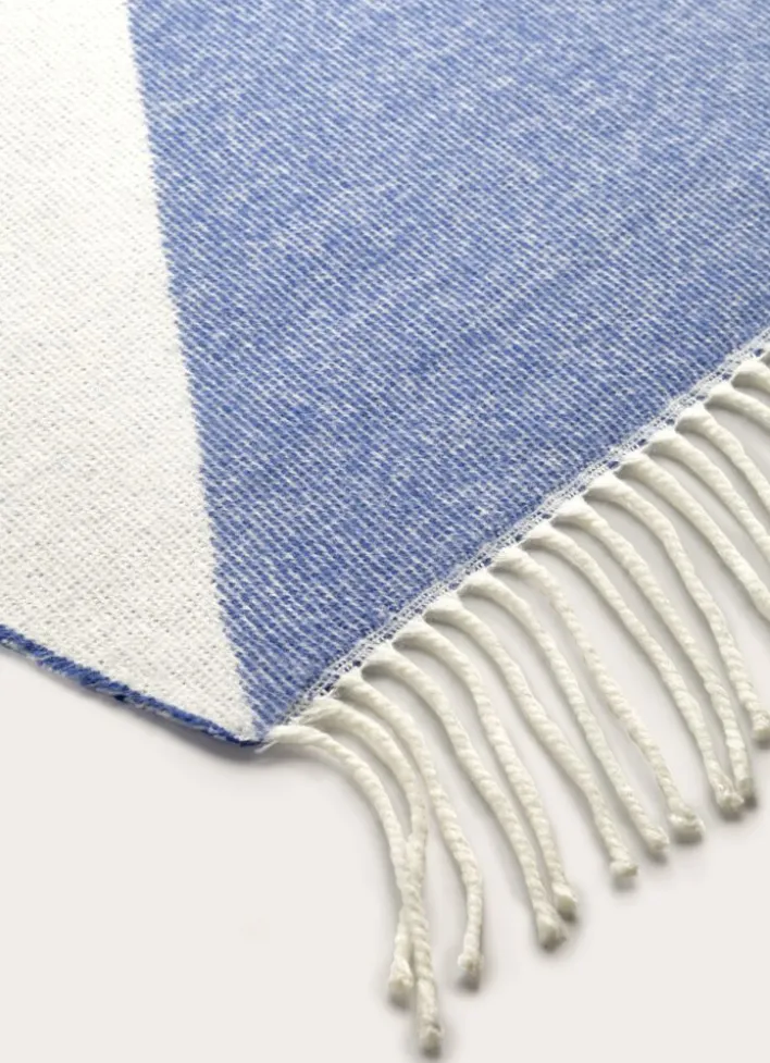 PLAID À FRANGES TISSÉ TEINT MOTIF GÉOMÉTRIQUE BLEU