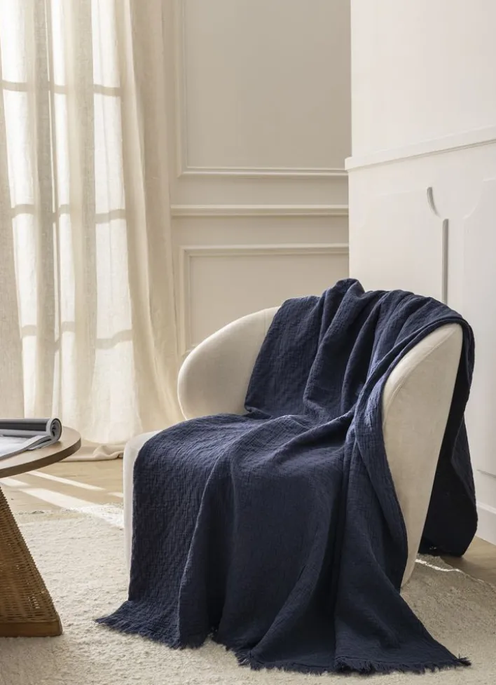 PLAID JACQUARD MOTIF LOSANGES BLEU INDIGO