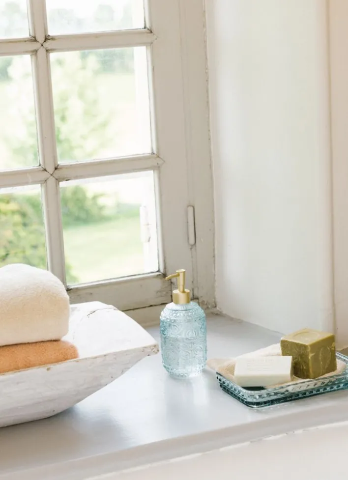 PLATEAU DE SALLE DE BAIN EN VERRE MOTIF FLEUR BLEU CLAIR