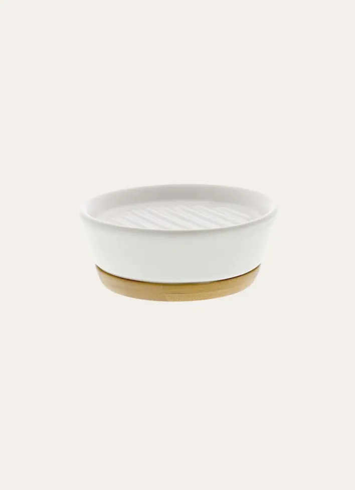PORTE-SAVON EN GRÈS ET BAMBOU BLANC