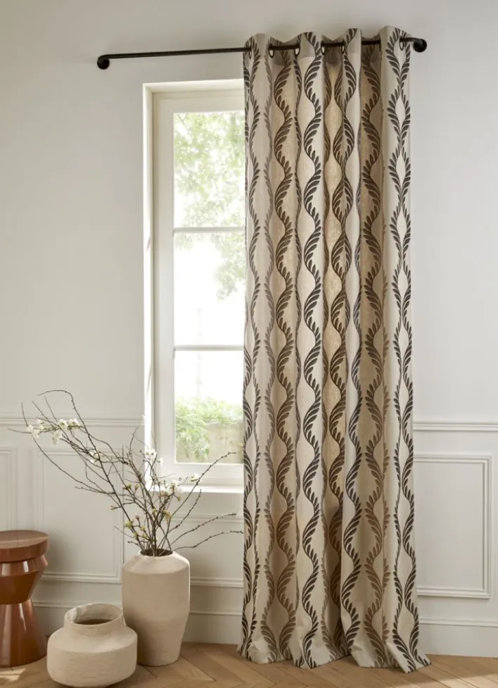 RIDEAU BRODÉ DESSIN FEUILLAGE BEIGE