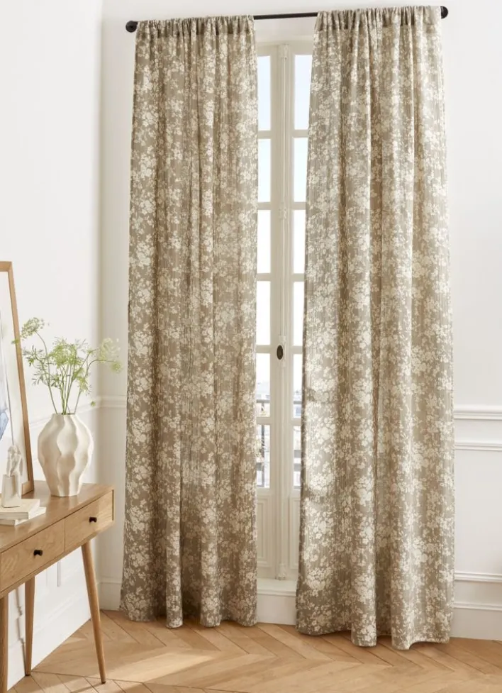 RIDEAU EN TRIPLE GAZE DE COTON À MOTIFS FLORAUX VERT DE GRIS