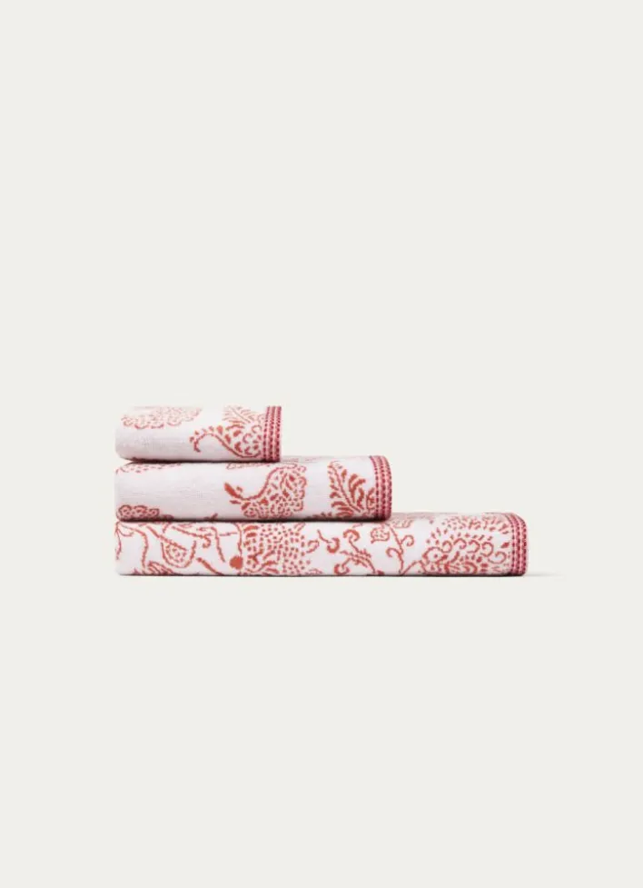 SERVIETTE INVITÉ JACQUARD MOTIF FLORAL ORIANE BLANC / CORAIL