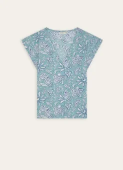 TOP MANCHES COURTES EN COTON IMPRIMÉ BLEU