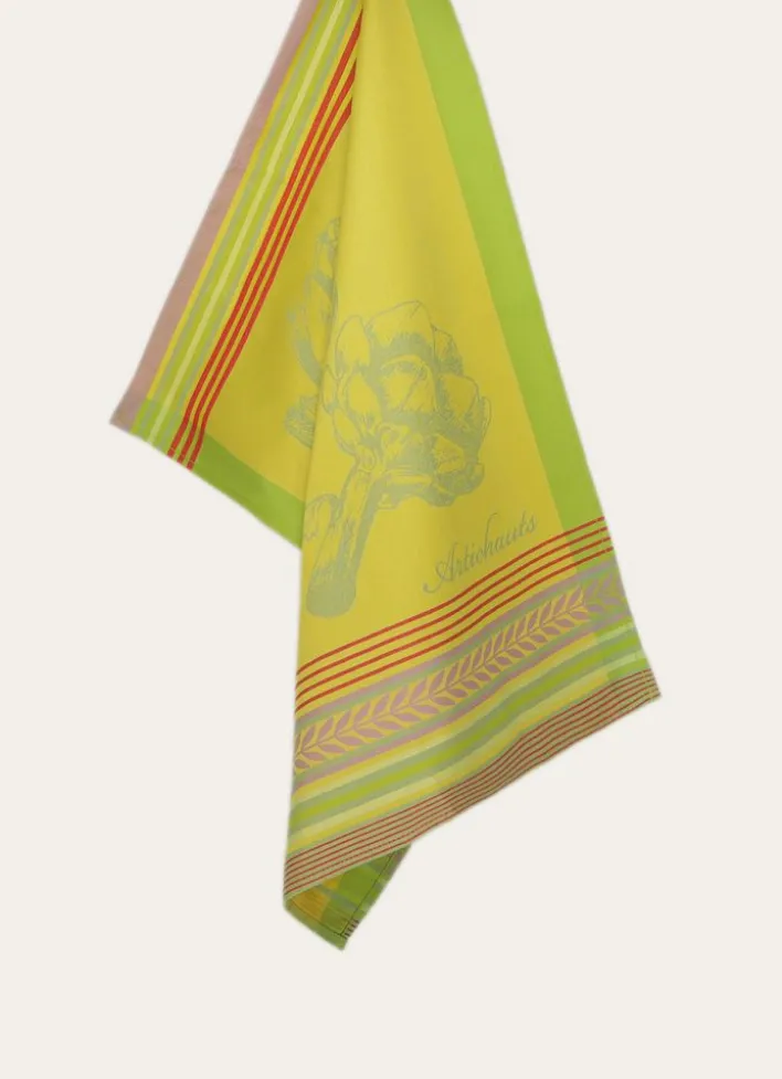 TORCHON EN JACQUARD MOTIF ARTICHAUT VERT