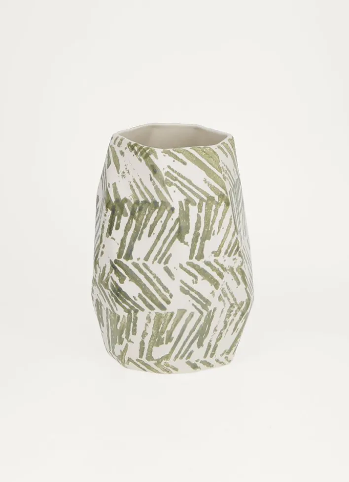 VASE MULTIPLES FACETTES EN FAIENCE BLANC/VERT