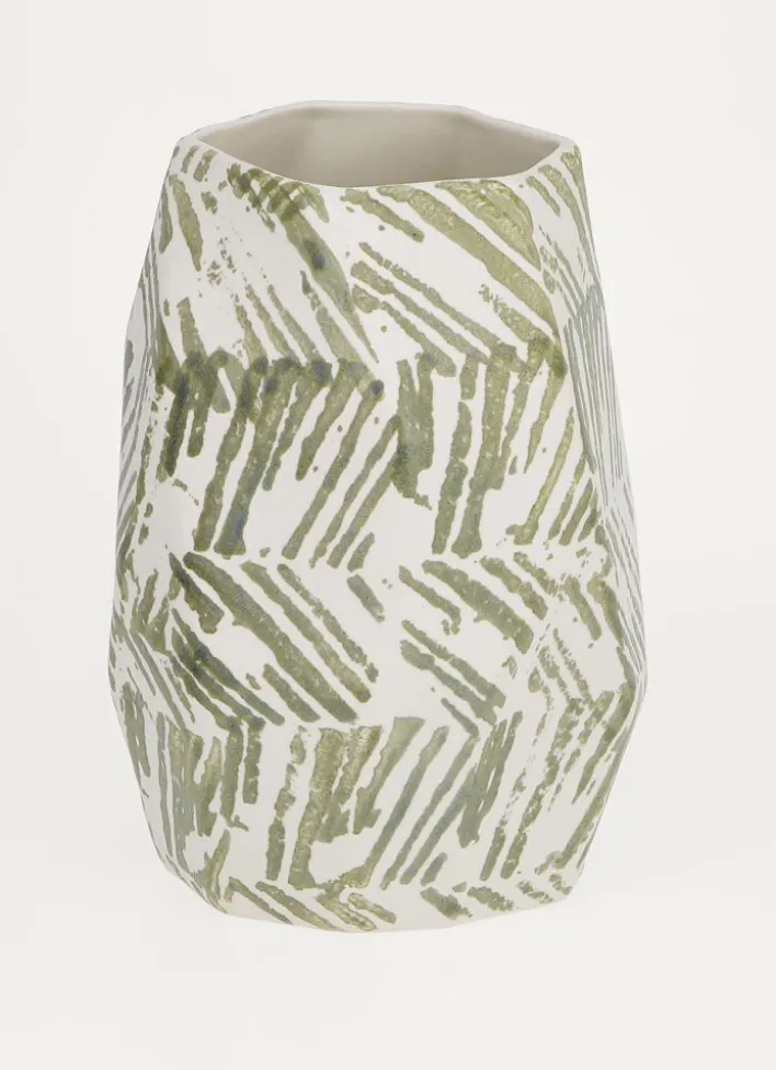 VASE MULTIPLES FACETTES EN FAIENCE BLANC/VERT